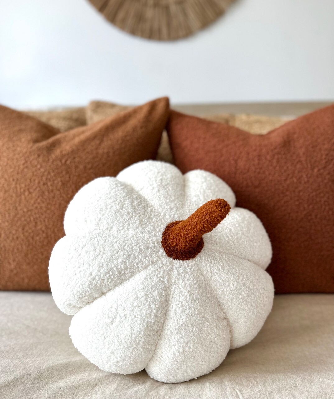 11" Cream Sherpa Pumpkin Pillow with Burnt Orange Stem – Soft & Cozy Fall Decor